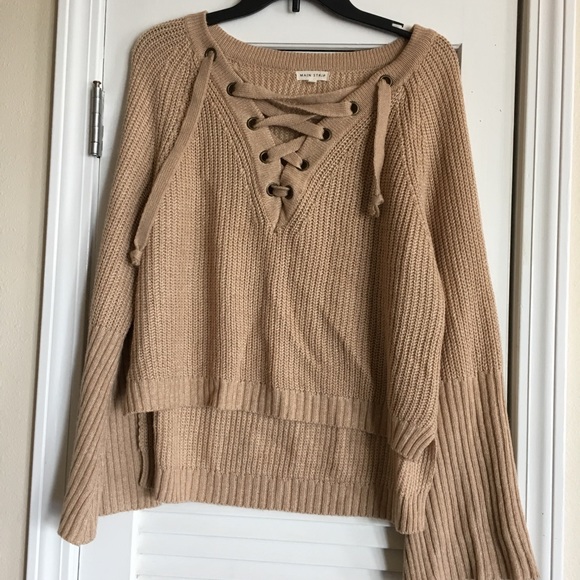 Sweaters - Main Strip Lace Up Kint Sweater Tan/Beige SZ L